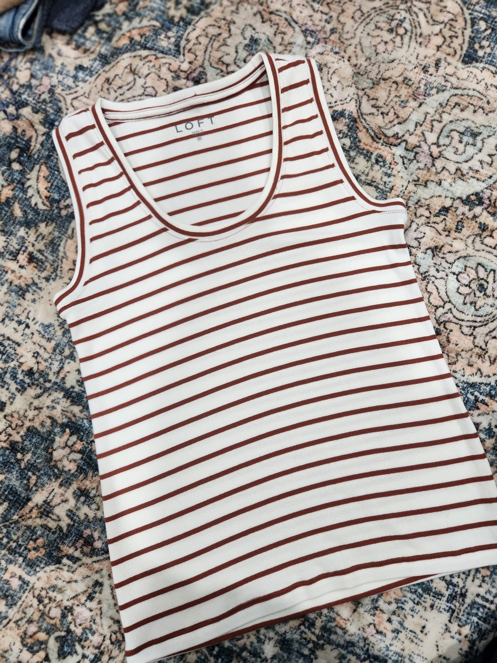 LOFT White and Rust Striped Ribbed Tank